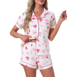 Valentine’s Day Hearts Pajamas 2 Piece Matching Set Button Down Top & Shorts